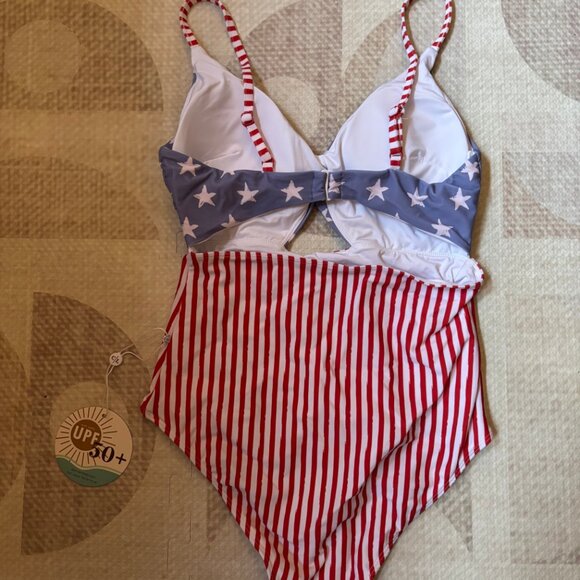 NWT Womens Caden Lane One Piece Swimsuit Patriotic Flag Print - Size S - Picture 2 of 5